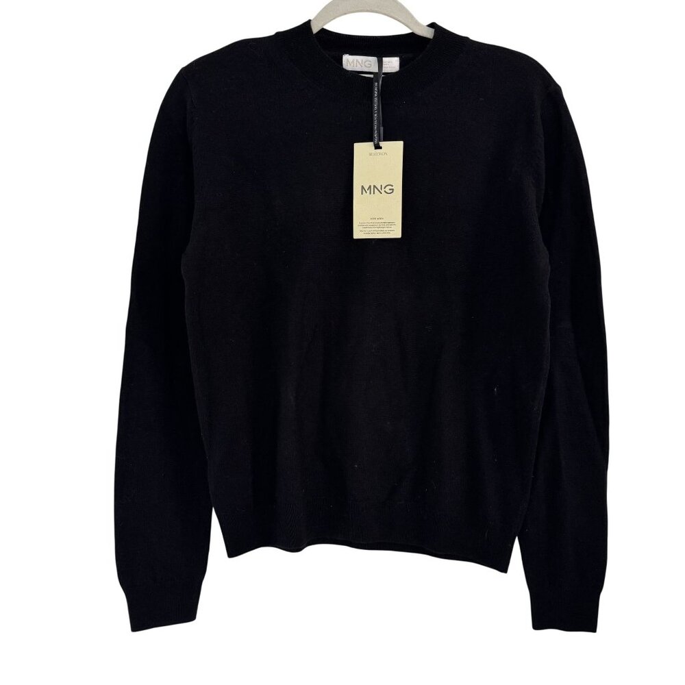 MNG Mango Selection Black Crewneck 100% Wool Sweater Long Sleeve Womens XL NWT